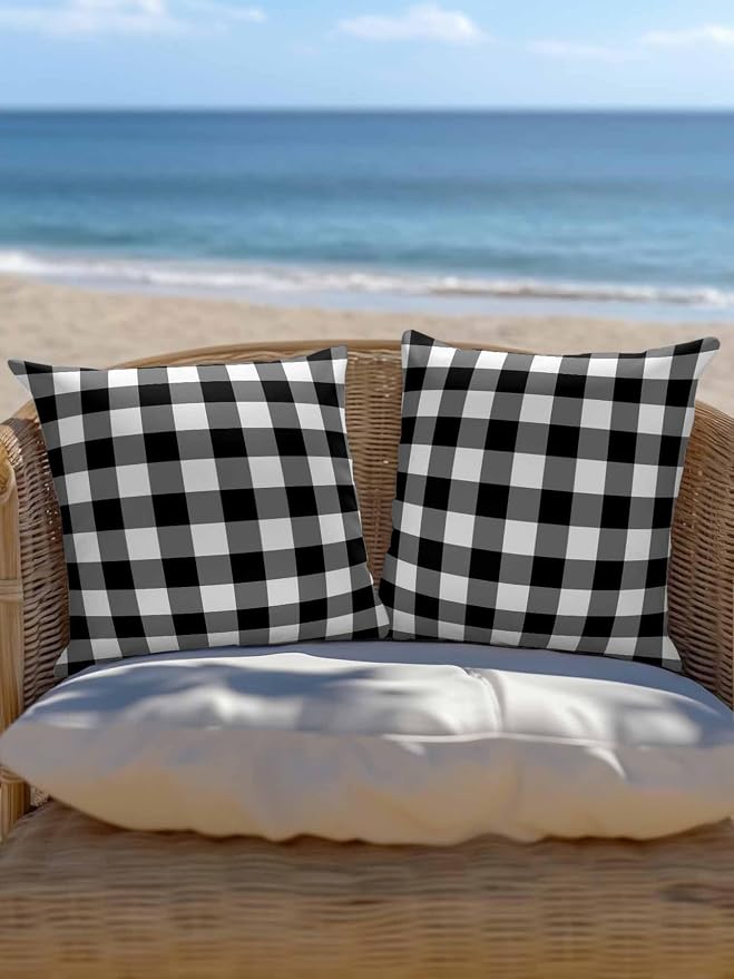 Waterproof Outdoor Pillow 1 Pack Black Buffalo Plaid Decorative Throw Pillows Cover & Insert 16x16 Inch Pillowcase Check Lines Square Pillows for Couch Sofa Bed Patio Furniture Indoor Outdoor