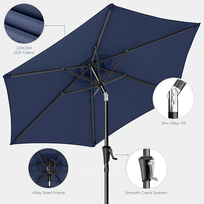 HOMSHADE 7.5ft Outdoor Patio Umbrella - Market Table Pool Deck Umbrella UPF50+ UV Protection with Push Button Tilt, Crank and 6 Sturdy Ribs (Navy Blue, No base)