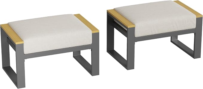 Aluminum Patio Ottoman Set of 2 - Outdoor Footstools with Cushions - Small Metal Garden Chairs - Ideal for Balcony, Deck, Backyard - Outdoor Furniture, Beige
