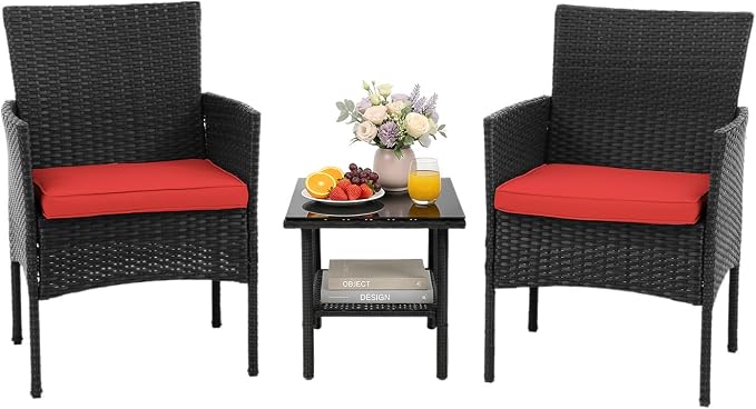 NChanmar 3 Pieces Patio Furniture Outdoor Bistro Set Outdoor&Indoor Conversation Set Coffee Table Chairs Set for 2 with Water-Resistant Cushions for Lawn Yard Garden Porch Balcony and Pool,Red