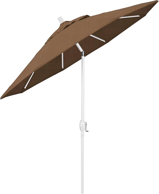 California Umbrella 9' Round Aluminum Market Umbrella, Crank Lift, Push Button Tilt, White Pole, Teak Olefin