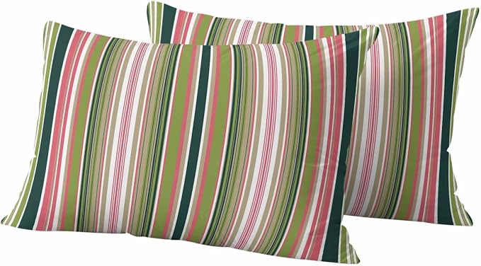 Outdoor Waterproof Throw Pillow Covers Set of 2 Sage Green Striped Lumbar Pillowcases 20x12 Inches Geometric Pink Stripes Decorative Pillows Cushion Case Patio Pillows for Couch Bed Chair Garden
