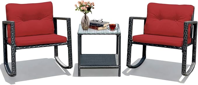 Tangkula 3 Pieces Patio Wicker Rocking Bistro Set, Outdoor Rocking Chair Furniture Set w/Cushioned Seat, Conversation Set w/Glass Coffee Table and Storage Shelf (Red)