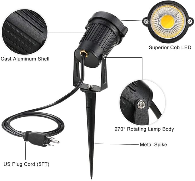 Romwish LED Landscape Spotlights 5W, 120V Plug in Outdoor Spot Lights, 1100LM 3000K Warm White Landscape Lighting, IP65 Waterproof Garden Lights for Yard Tree Pathway Flag (6 Pack)
