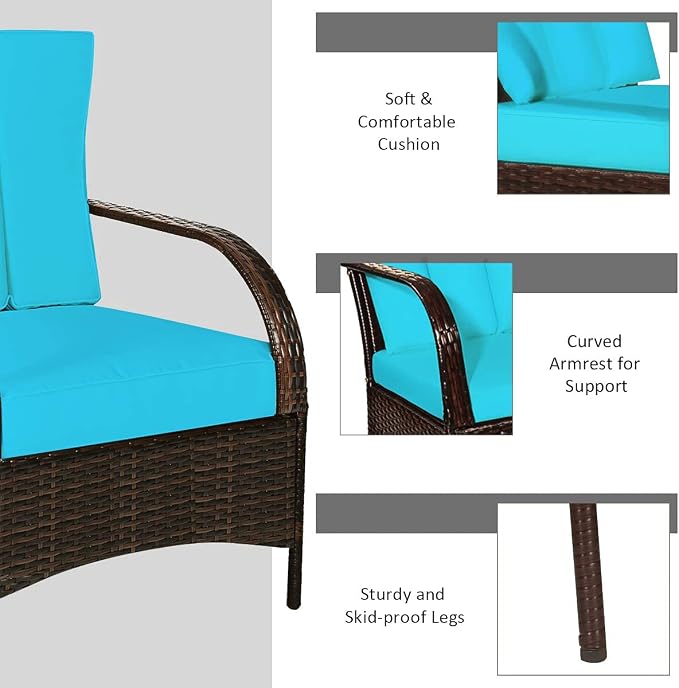 Tangkula 3 Piece Patio Furniture Set, 2 Wicker Chairs with Glass Top Coffee Table, Outdoor Garden Porch Poolside Furniture Set for 2, Rattan Conversation Set