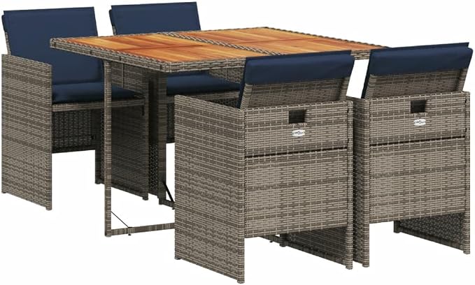 5 Piece Garden Dining Set with Cushions Grey Poly Rattan Outdoor Patio Table and 4 Foldable Chairs Space-Saving Acacia Wood Top Navy Blue Cushion UV-Resistant for Backyard Al Fresco Relaxation