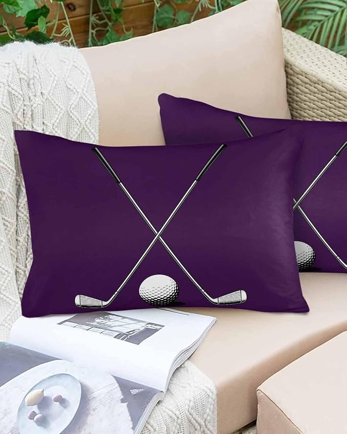 Vandarllin Outdoor Throw Pillows Covers 20x12 inch Set of 2 Waterproof Golf Ball Club Decorative Zippered Cushion Covers for Patio Furniture, Game Sports Purple Lumbar Pillowcases