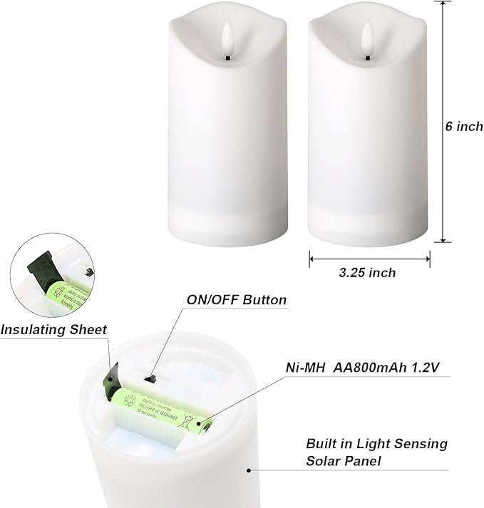 Solar Garden Decor for Outside-Solar Candles Outdoor Waterproof, Flameless LED Candles Rechargeable, Solar Powered Candles Dusk to Dawn for Patio Lantern Garden Table Decorations, Set of 2, 3.25" x 6"