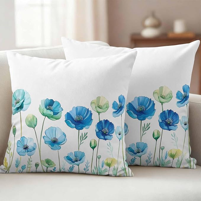 Spring Floral Outdoor Waterproof Throw Pillow Covers Set of 2, 18"x18", Watercolor Blue Poppy Flower Decorative Pillow Covers Outside Cushion Case for Patio Porch Garden