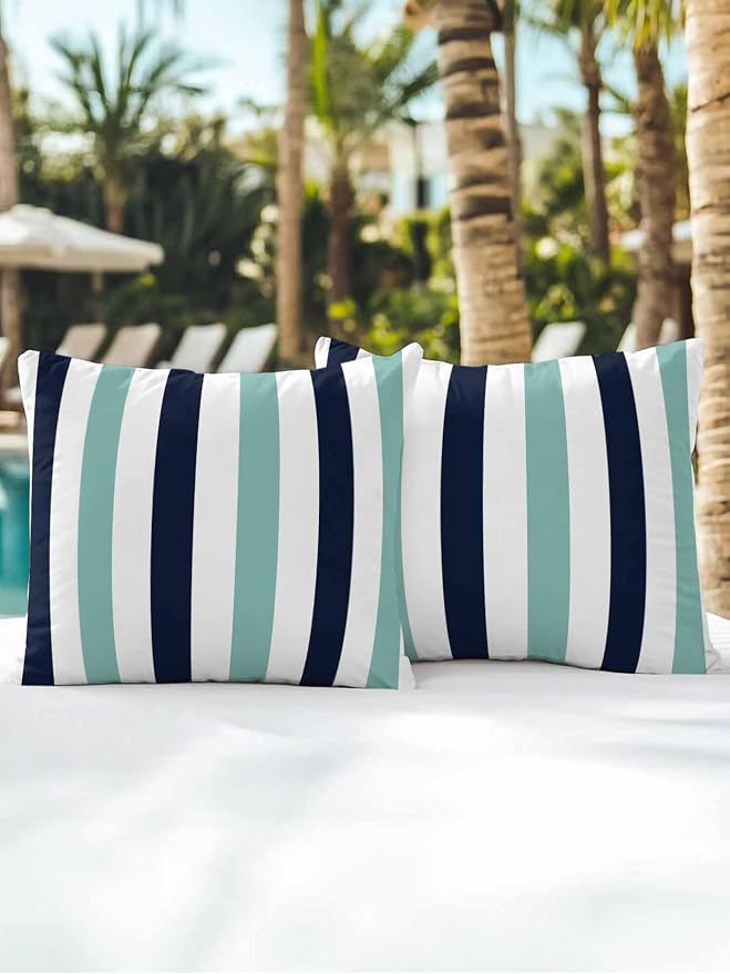 Outdoor Pillows Waterproof, Turquoise Navy Blue Striped Bedding Throw Pillows with Insert for Couch Sofa Bed, Farmhouse Stripe Art 18x18 Inch Pillowcases Camping Patio Pillow Set of 2
