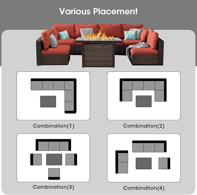 Grezone Patio Furniture Set,7 Piece Patio Furniture Set with Fire Pit Table,PE Wicker Rattan Sectional Sofa Patio Conversation Set with Thickened Cushions, Red