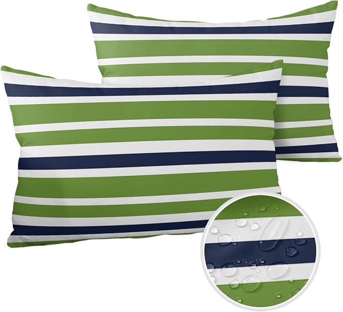Outdoor Waterproof Lumbar Throw Pillow Covers Set of 2 Navy Blue Green Stripes Decorative Outdoor Pillows Cushion Case 20x12 Inch Classic Striped Patio Pillows for Couch Sofa Bed Garden Home Decor