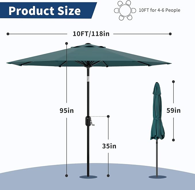 CABIHOME 10 ft Outdoor Patio Umbrella, Outdoor Table Umbrella with 8 Sturdy Ribs | Crank Lift & Push Button Tilt, Yard Umbrella, Market Umbrella for Garden Pool Deck Yard