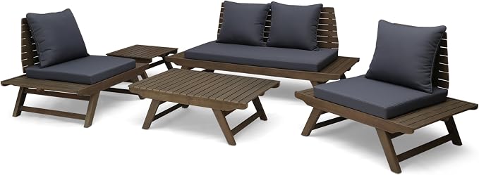 Christopher Knight Home Sedona Outdoor Acacia Wood 4 Seater Chair Loveseat Cushions Chat Patio Furniture Conversation Sets with Coffee Table, 37 "W x 28.25 "D x 29.5 "H, Gray + Dark Gray