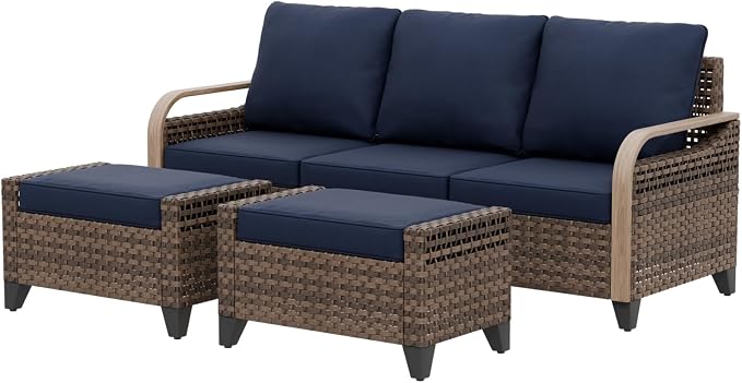 EAGLE PEAK Modern Wicker Outdoor Patio Furniture Set, Patio Conversation Set, a 3-Seat Loveseat and 2 Ottomans, 3 Pieces, Brown/Blue