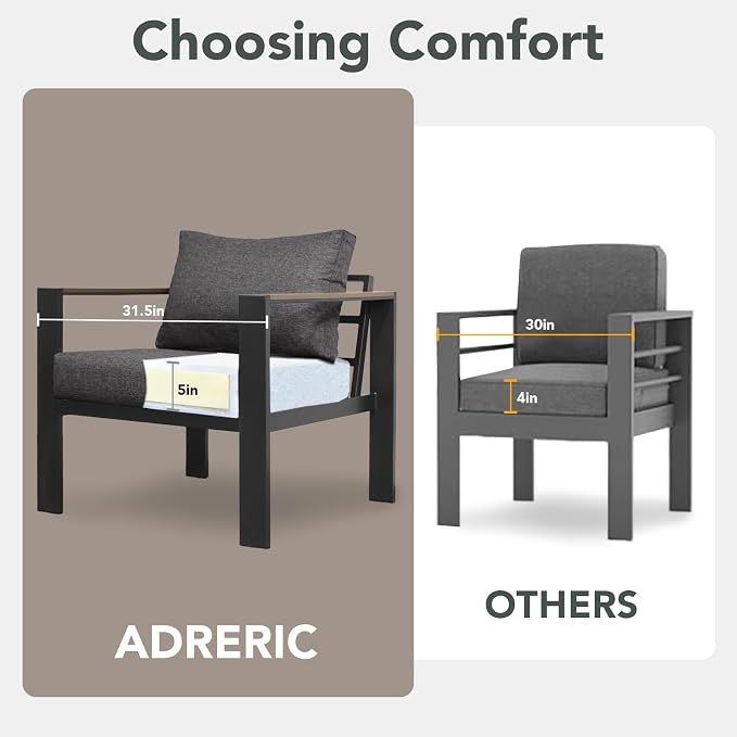 Patio Furniture Set 3 Seats Sofa and Ottoman All-Weather Patio Sofa with Washable Thick Cushions, Deluxe Aluminum Modern Outside Sectional for Porch, Balcony, Deck, Yard, Dark Gray