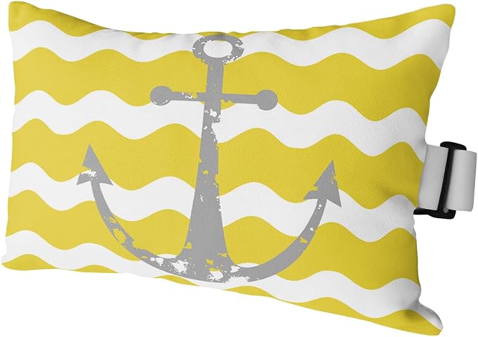 Outdoor Pillows Covers with Inserts Grey Nautical Anchor Yellow Wavy Stripes Waterproof Recliner Pillow with Adjustable Strap Throw Pillows for Patio Furniture Pool Lounge Chair, 11x16 inch, 1PCS