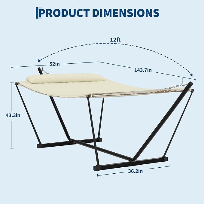 12 ft Double Hammock with Stand, Portable 2 Person Outdoor Hammock with Stand for Patio, Backyard, Garden, Heavy Duty Hammock with Soft Pillow & Balance Ropes, Folding Hammock, Beige
