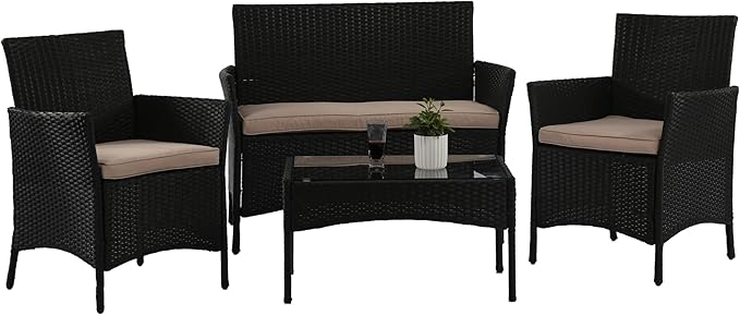 PayLessHere 4 Pieces Patio Furniture Set Rattan Outside Furniture Wicker Sofa Garden Conversation Sets with Soft Cushion and Glass Table for Yard Pool or Backyard,Black