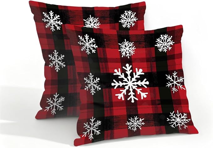 16x16 Inch Outdoor Pillow Covers Set of 2 Waterproof Throw Pillow Covers Decorative Couch Cushion Covers Buffalo Plaid Snow Square Pillowcases Protectors for Patio Garden Sofa
