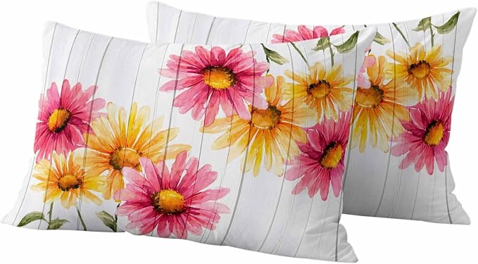 Yellow Pink Daisy Outdoor Pillow Covers 20"x12" Set of 2, Rustic Farmhouse Wooden Slats Waterproof Throw Pillow Covers for Patio Furniture, Decorative Cushion Covers for Porch