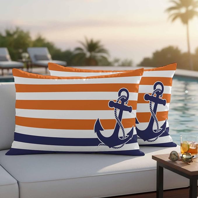 Lumbar Pillow Covers 20x12 Inch Set of 2, Anchor Orange Waterproof Outdoor Cushion Covers, Modern Navy Blue White Striped Nautical Decorative Pillowcases for Couch, Sofa, Bed, Garden, Patio