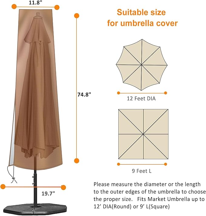 OKPOW Umbrella Cover 420D Oxford Fabric Patio Umbrella Covers Waterproof with Zip, for 9ft to 12ft Garden Outdoor Umbrella (Brown)