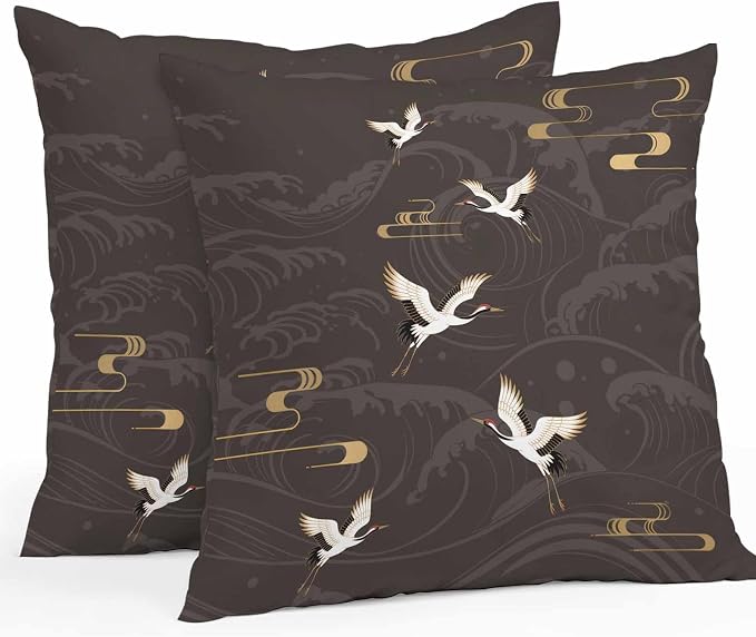 Japanese Style Outdoor Pillow Covers 24x24 Inch Throw Pillow Covers Set of 2 Waterproof Decorative Pillow Cases Vintage Cranes Ocean Wave Black Grey Cushion Covers for Patio Furniture Garden Couch