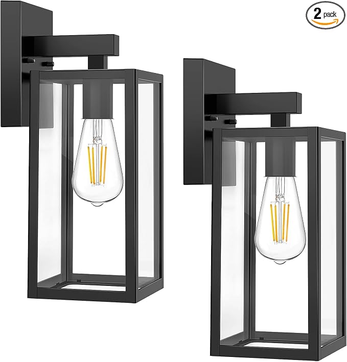 MAXvolador Outdoor Wall Sconce, Exterior Waterproof Wall Lantern Light Fixtures, Black Porch Lights with Toughened Glass Shade, Anti-Rust E26 Socket Front Door Mount Lighting, 2 Pack | Black Porch Wall Lights, Anti-Rust, E26 Socket, Clear Glass Outside...