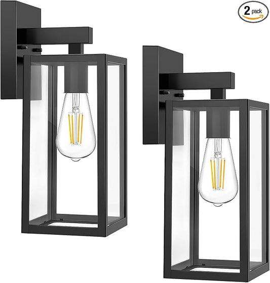 MAXvolador Outdoor Wall Sconce, Exterior Waterproof Wall Lantern Light Fixtures, Black Porch Lights with Toughened Glass Shade, Anti-Rust E26 Socket Front Door Mount Lighting, 2 Pack | Black Porch Wall Lights, Anti-Rust, E26 Socket, Clear Glass Outside...