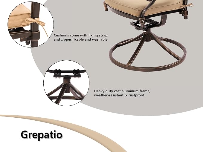 Grepatio 7 Piece Patio Dining Set Outdoor Dining Set Cast Aluminum Furniture Set with 6 Swivel Dining Chairs and Dining Table for Backyard Garden Deck Poolside (Grid Khaki)