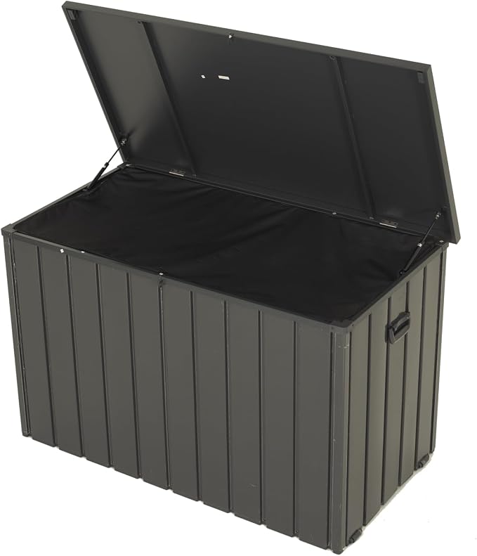 Outdoor Storage Box, Deck Box, Metal Patio Storage Box, 100 Gallon Outdoor Storage Bin with Oxford Fabric Bag, Lockable Lid, Soft Close, Wheels, Gray
