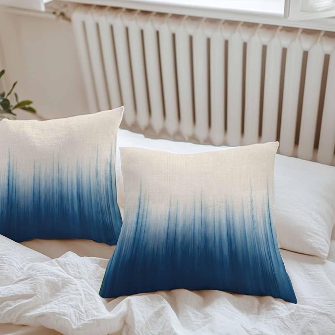Blue Ombre Stripe Waterproof Outdoor Pillow Covers Set of 2 Home Decor, Abstract Art Modern Gradient Beige Pillowcase Patio Pillow Covers for Couch Bench Furniture Garden 26x26in