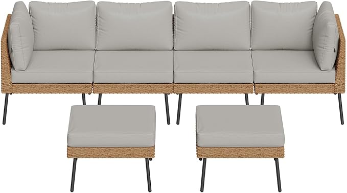 Aoxun 6 Piece Patio Furniture Set, 6 Seats Outdoor Sectional Sofas with Thick Cushion, Wicker Outdoor Patio Furniture Set with Ottomans for Party, Garden, Backyard, Grey
