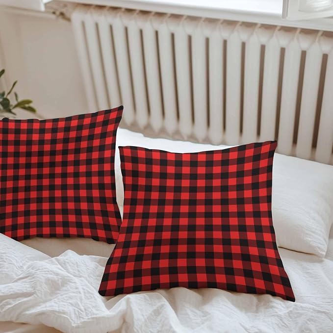 Outdoor Waterproof Throw Pillow Covers Set of 2 Red Buffalo Plaid Pillowcases 20x20 Inches Pastoral Black Checked Decorative Pillows Cushion Case Patio Pillows for Couch Bed Chair Garden