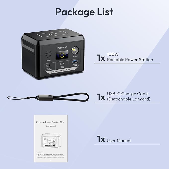 100W Portable Power Station, 96Wh Small Generator 30000mAh LiFePO4 Battery with USB C Fast Charging for Laptop, Outdoor Camping Portable Power bank for RV Home Office Emergency Power Supply