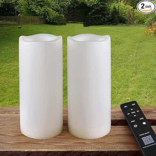 Pack of 2 Outdoor LED Pillar Candles 3x7 White with Timer and Remote - IP65 Waterproof Battery Operated LED Pillar Candles - Flickering Flameless Candle Unscented for Outside
