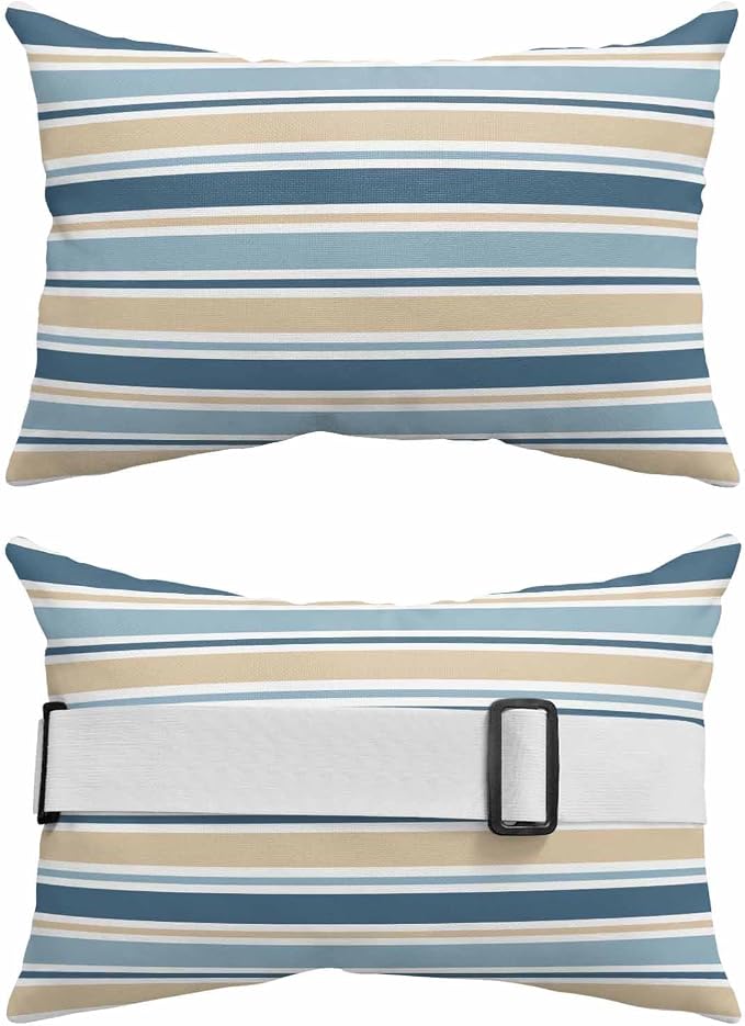 Pack of 4 Outdoor Lumbar Pillow Covers 11x16 Inch, Khaki Blue Striped Waterproof Throw Pillow Covers Set, Farmhouse Stripes Modern Abstract Art Outside Decorative Cushion Cases for Patio Porch Car
