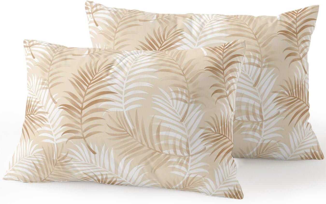 Waterproof Outdoor Pillow Set of 2 Cream Tropical Palm Leaves Decorative Throw Pillows Cover & Insert 20x12 Inch Lumbar Pillowcase Summer Jungle Foliage Pillows for Couch Sofa Bed Patio Furniture