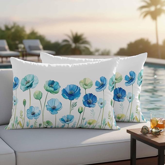 Spring Floral Outdoor Waterproof Throw Pillow Covers Set of 2, 20"x12", Watercolor Blue Poppy Flower Decorative Pillow Covers Outside Cushion Case for Patio Porch Garden