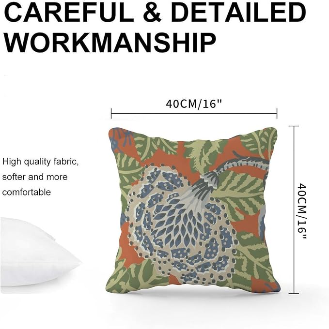 Pillow Cover Navy Blue Floral White Pillow Covers Modern Green and Orange Chinoiserie Pillow Cover Accent Farmhouse Decor Pillow for Patio Furniture Porch 16x16 in