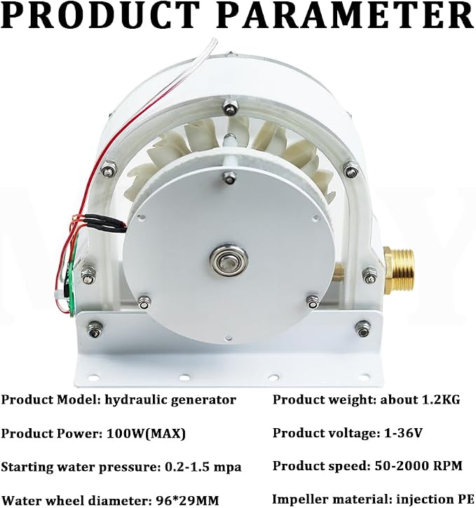 100W Max Micro Hydro Generator 1-36V DC Disc Ironless Permanent Magnet Water Turbine 50-2000RPM Low Starting Pressure for Tap Water Creek River Outdoor Camping