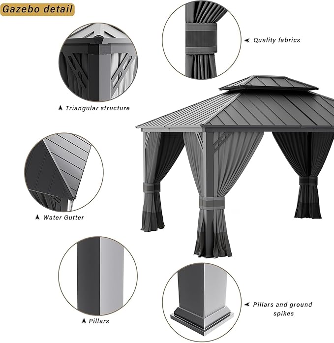 12' x 14' Hardtop Gazebo,Outdoor Permanent Pavilion Double Galvanized Steel Roof Pergola with Nettings and Curtains,Patio Sunshade Gazebos for Patio Lawns Backyard Deck,Grey