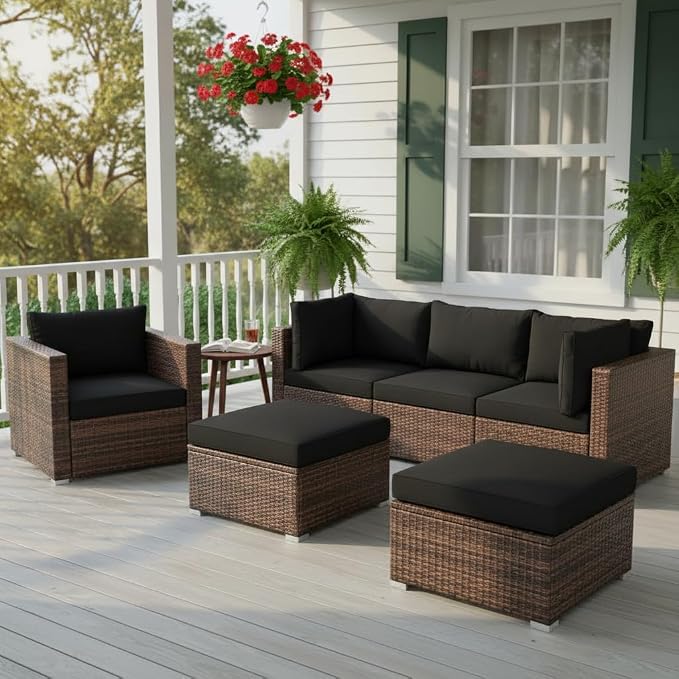 Tangkula 6 Pieces Wicker Patio Furniture Set, PE Rattan Outdoor Sectional Conversation Set with Glass Coffee Table & Ottoman, Wicker Sofa Set with Cushions for Yard Garden, Deck, Porch (Black)