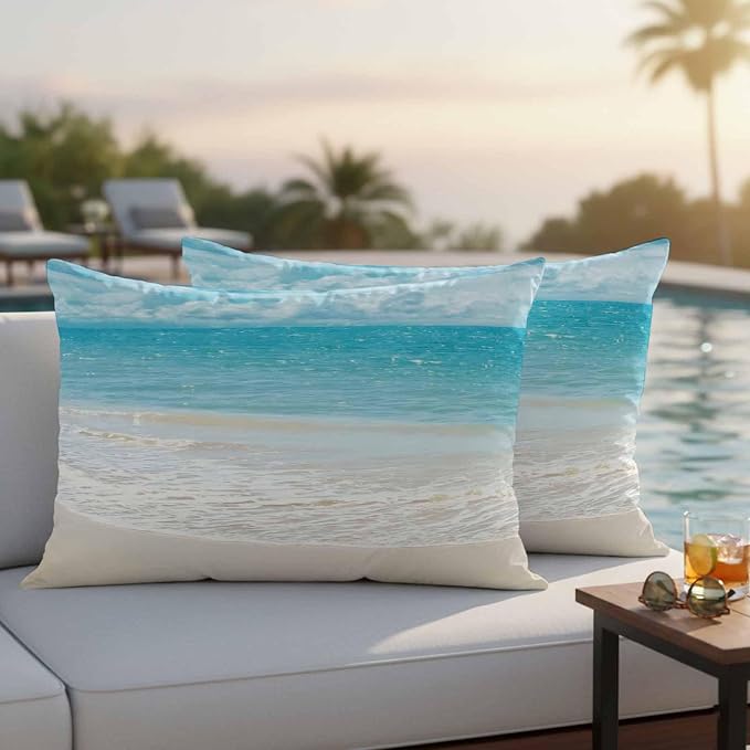 Yukro Coastal Ocean Outdoor Waterproof Pillow Covers Pack of 2, Ocean Waves Beach Sea Shore Throw Pillowcases Decorative Cushion Covers for Garden Patio Tent Sofa Couch, 20x12 inch