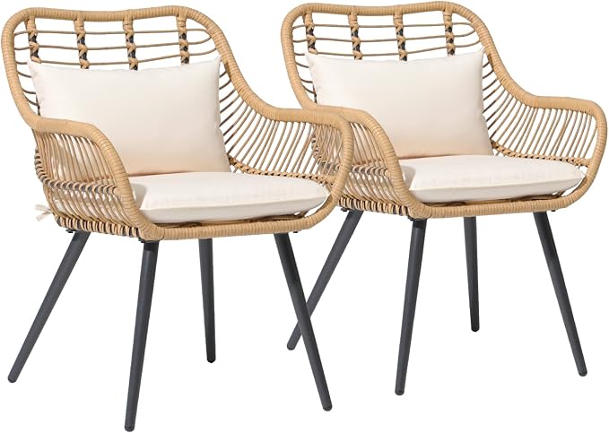 JOIVI Outdoor Patio Wicker Chairs Set of 2, Rattan Porch Chairs with Cushion and Armrest, Outdoor Seating with Iron Frame, Balcony Furniture for Apartments, Lawn, Backyard, Garden | Set of 2, All-Weather Outdoor Seating with Iron Frame, w/Seat Cushions...