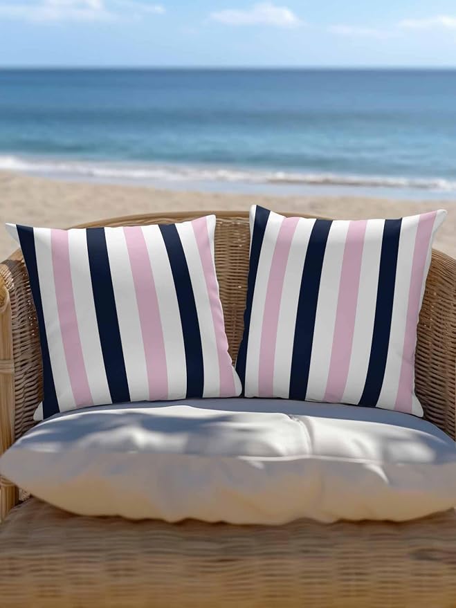 Outdoor Pillows Waterproof, Pink Navy Blue Striped Bedding Throw Pillows with Insert for Couch Sofa Bed, Farmhouse Stripe Art 16x16 Inch Pillowcases Decorative Camping Patio Pillow Set of 2