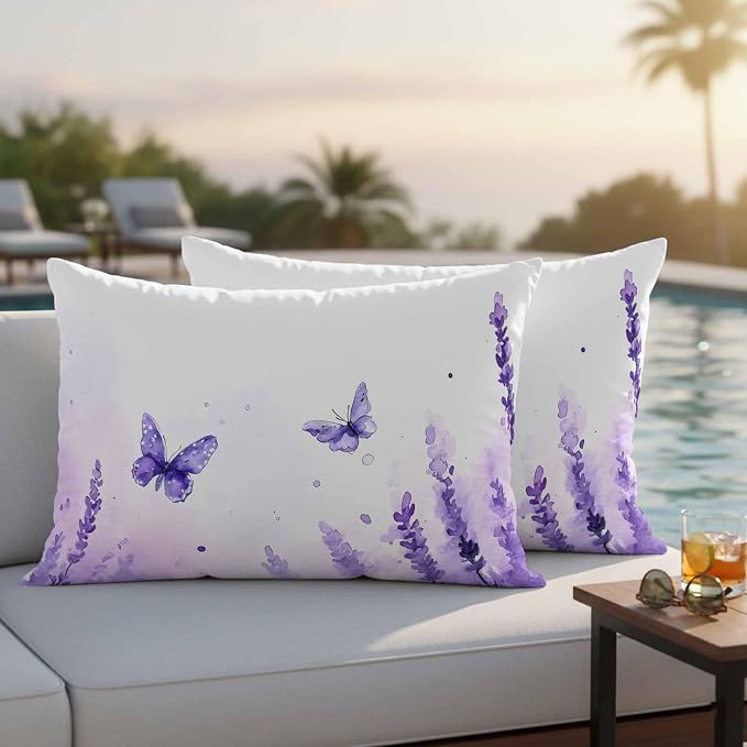 Spring Purple Lavender Outdoor Waterproof Throw Pillow Covers Set of 2, 20"x12", Country Watercolor Purple Floral Butterfly Decorative Pillow Covers Outside Cushion Case for Patio Porch Garden
