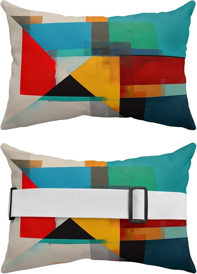 Outdoor Pillows Covers with Inserts Geometric Abstract Red Orange and Teal Color Block Waterproof Pillow with Adjustable Strap Throw Pillows for Patio Furniture Recliner Lounge Chair, 12x20 inch, 2PCS