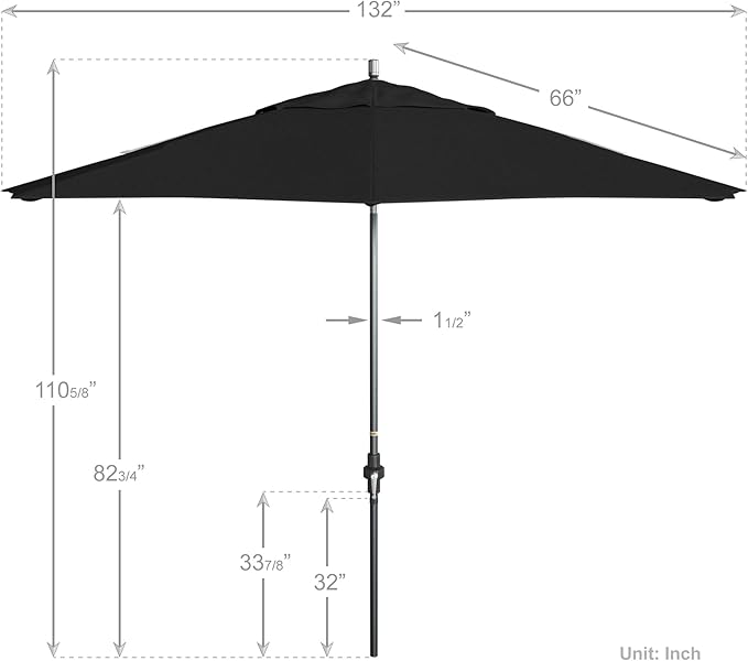 California Umbrella 11Ft Premium Sunbrella Patio Umbrella, Hand-Crank, Tilt-Collar, Gray Frame, Black Fabric